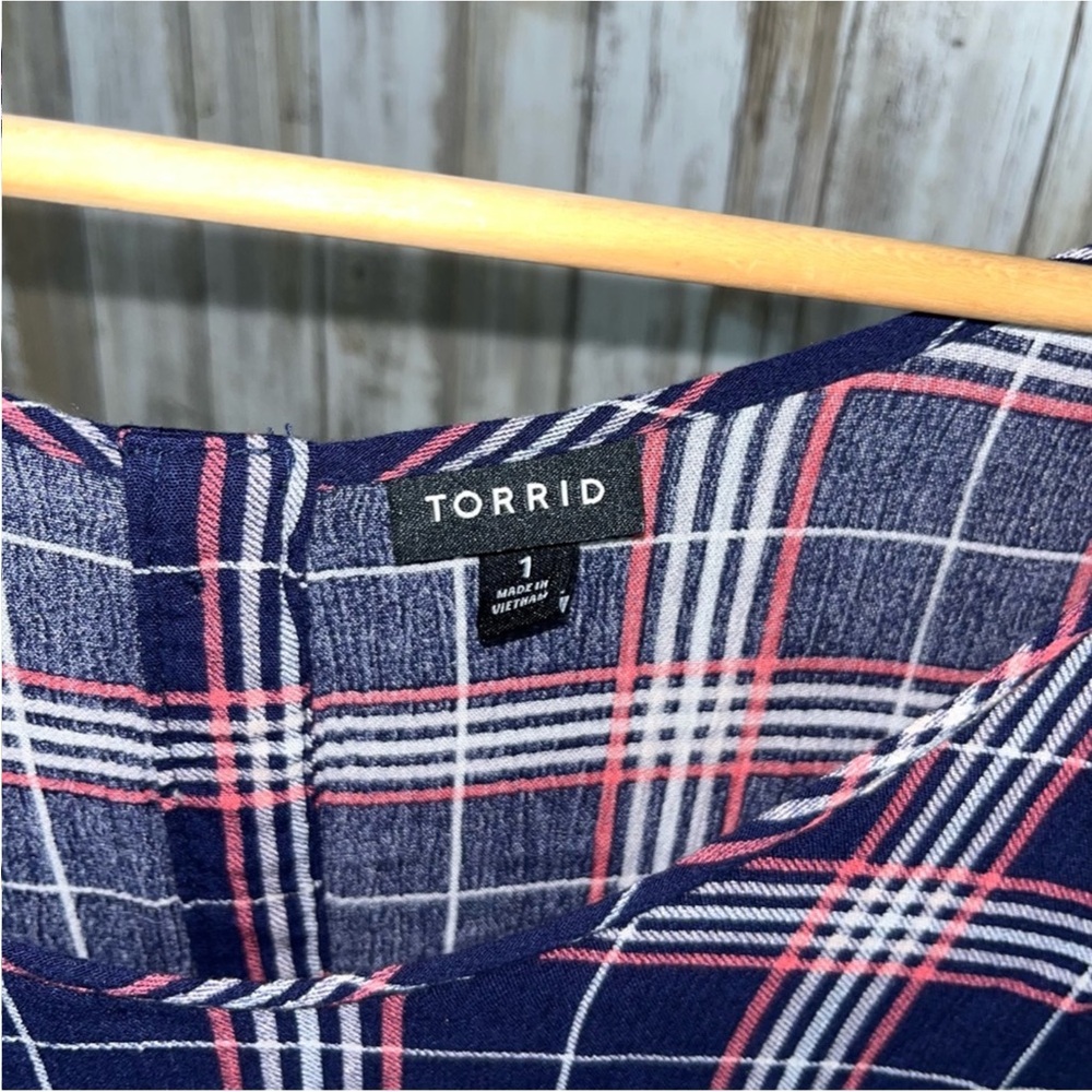 Torrid Harper Georgette Pullover Flutter Blouse in blue, pink, and white plaid - Picture 6 of 6